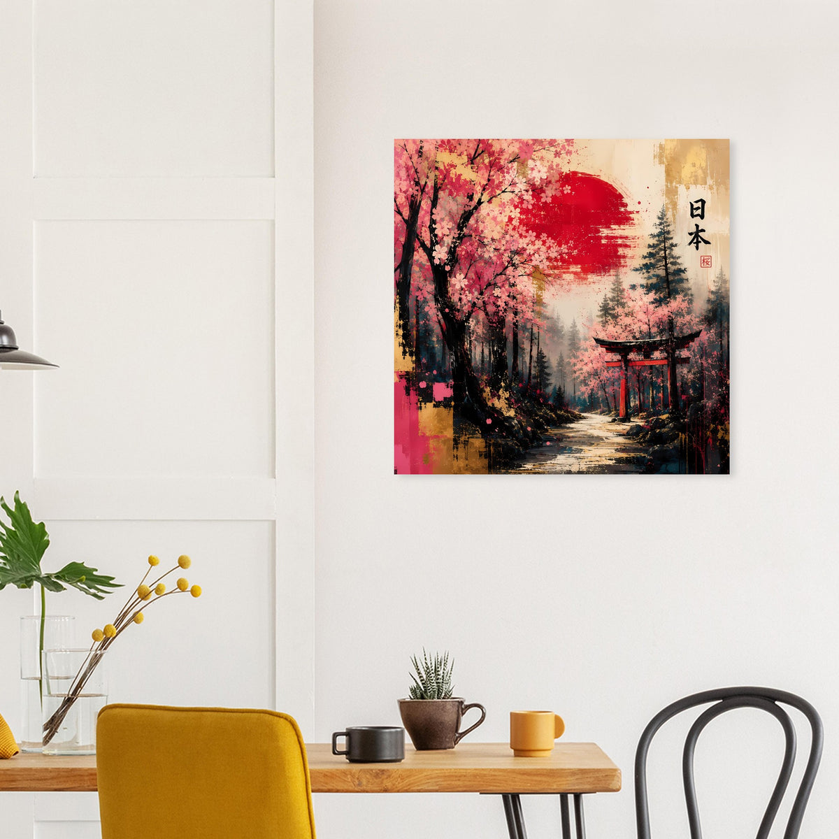 Quadratisches Poster mit Kirschblüten, roter Sonne, Torii und japanischen Zeichen