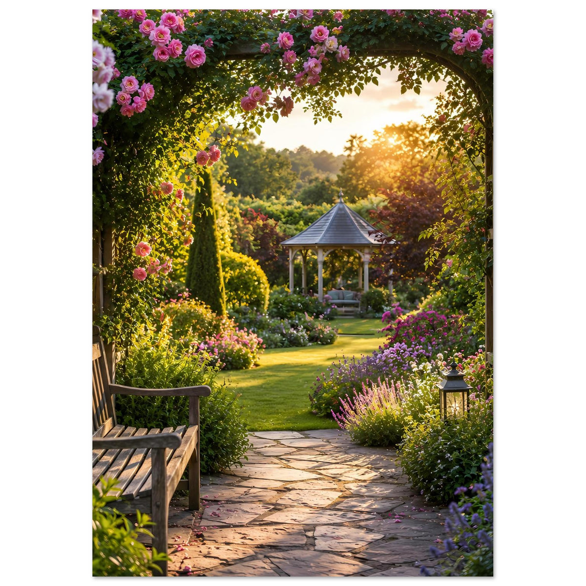 Naturposter mit Blütenbogen, Gartenweg und Laterne rechts