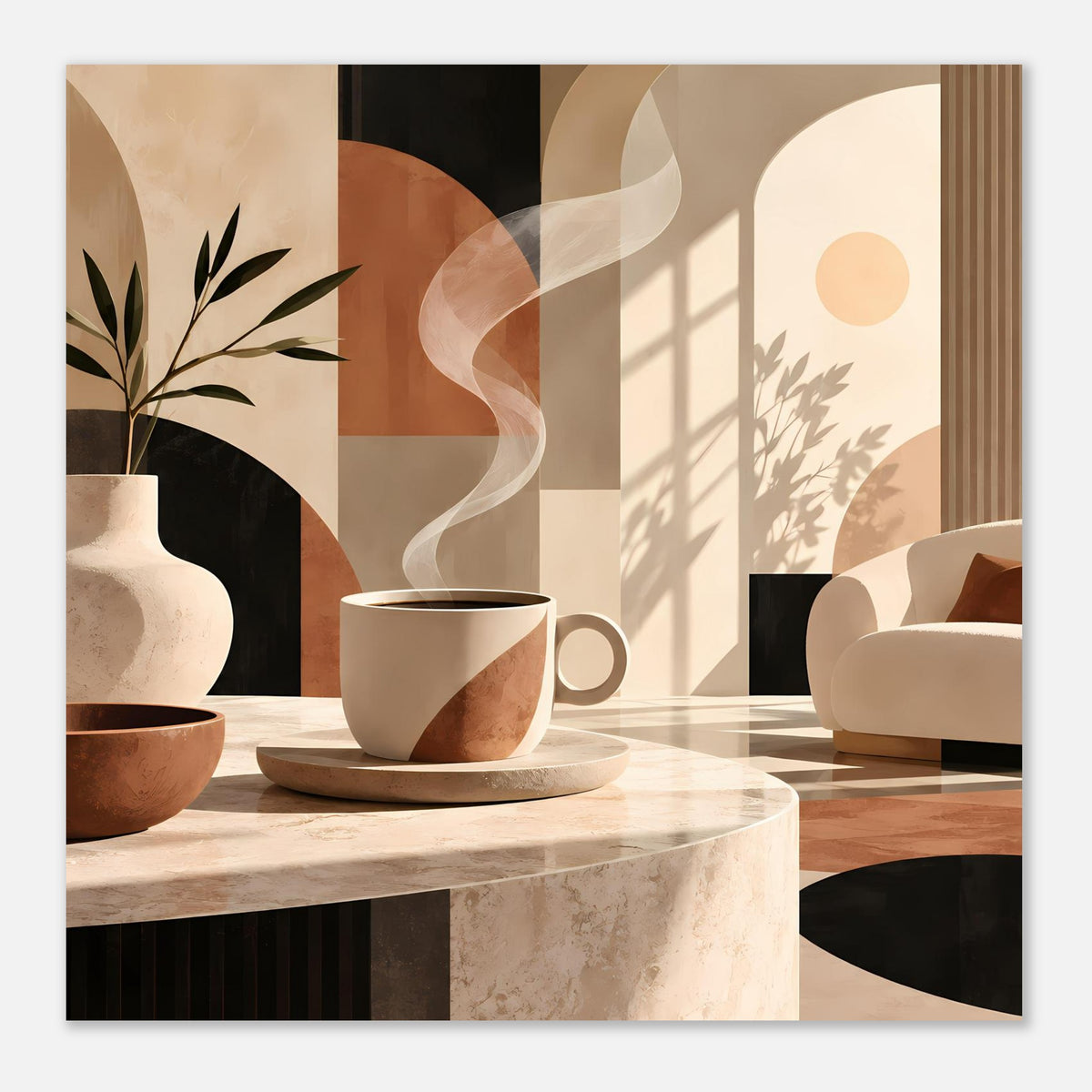 Poster mit warmen Erdtönen: Gesamtansicht mit Tasse, Pflanze und abstraktem Fenstermotiv
