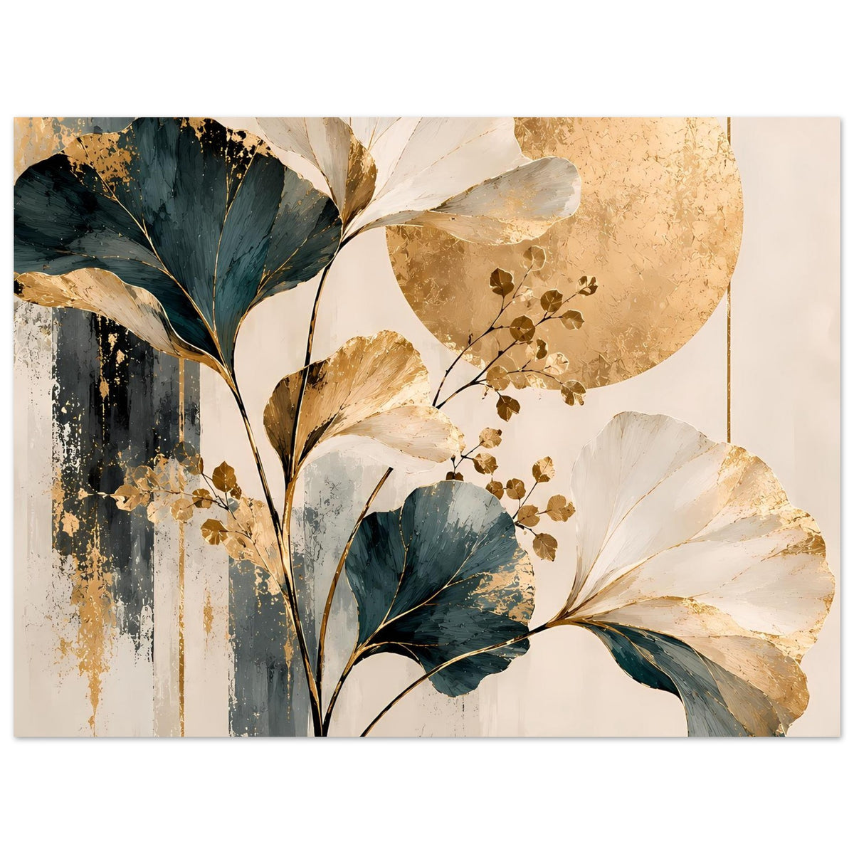 Poster mit Ginkgoblättern, goldener Sonnenscheibe und feinen Blütenzweigen