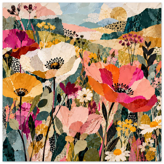 Blumen-Collageposter mit bunten Blüten und Blättern, Rahmenrand oben am Poster