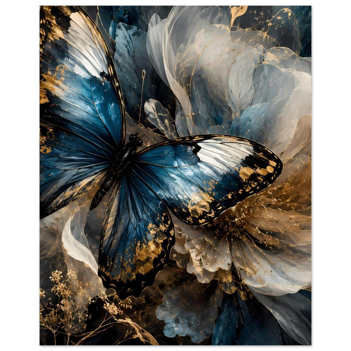 Schmetterlingsposter im Querformat: blaue Flügel, goldene Punkte, weiße Federwolken