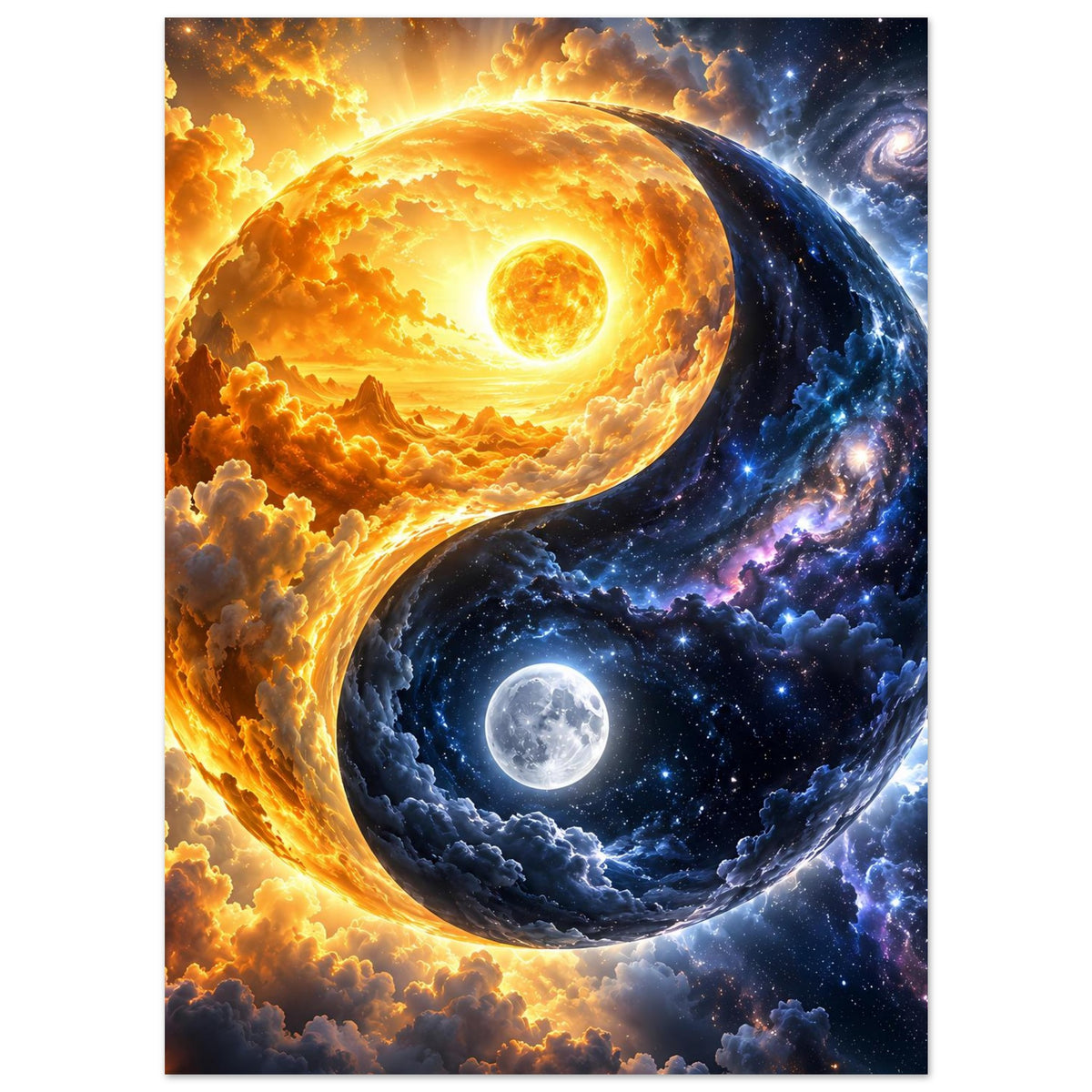 Yin-Yang-Kosmos-Kunstposter: Sternenraum mit Wolken, goldene Sonne und silberner Mond