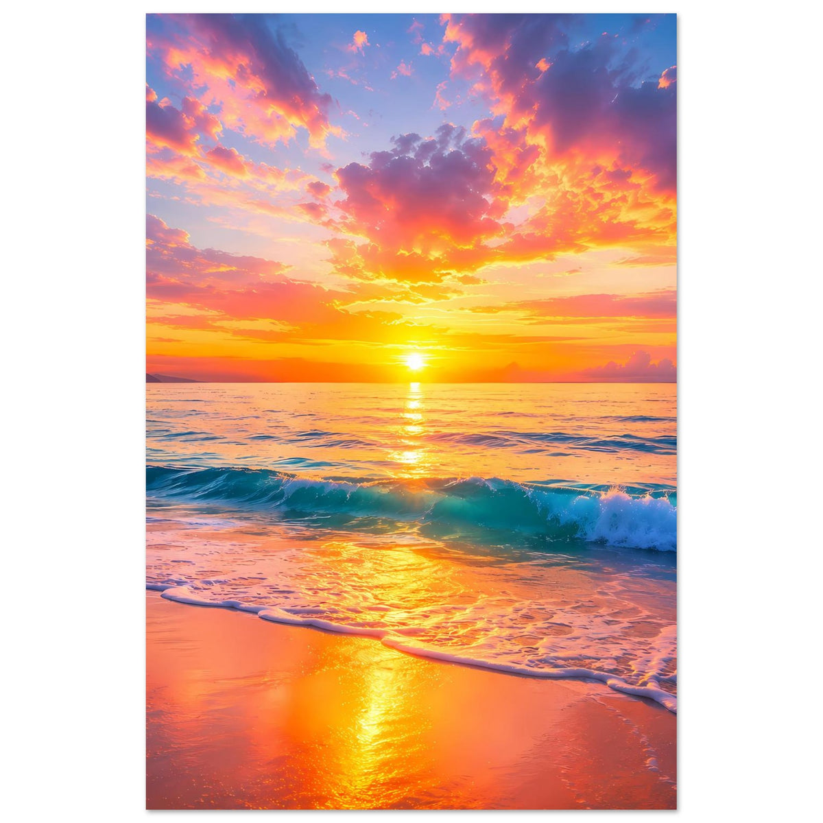 Strandposter mit Sonnenuntergang über dem Meer, orange-rosa Wolken und Licht auf dem Wasser