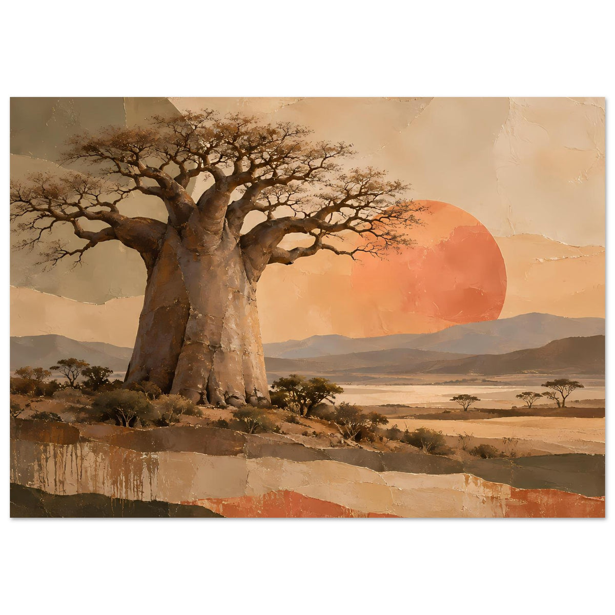 Naturposter mit Baobabbaum und großer roter Sonne, weit ausladende Äste