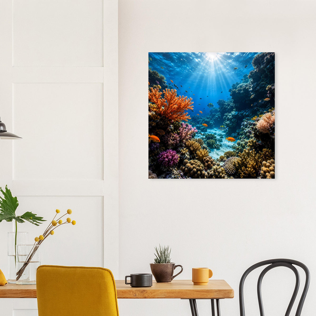 Gerahmtes Unterwasser-Korallenriff-Poster mit bunten Korallenriffen im Blau