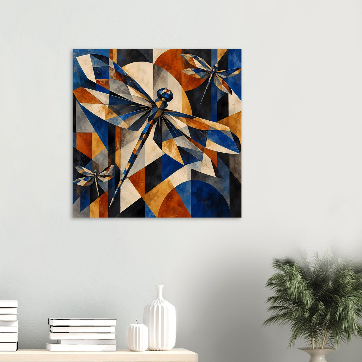 Kunstposter mit geometrischer Libelle aus Dreiecken und Kreissegmenten in Blau und Kupfer