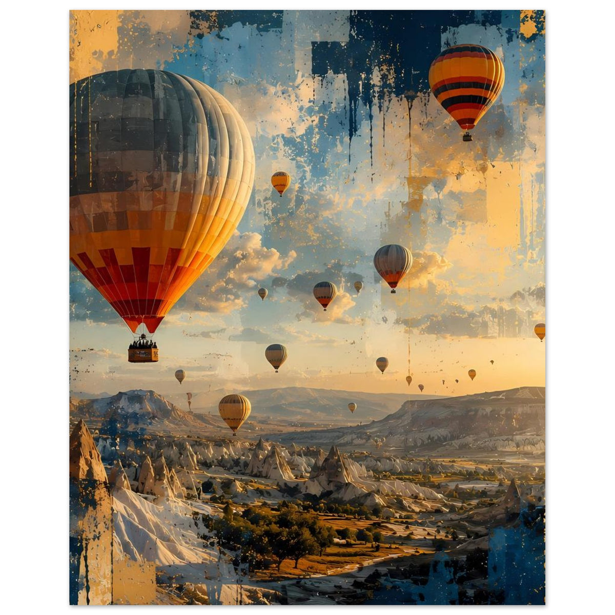 Poster mit Heißluftballons in Wolken über Berge-Tal, Vintage-Farben und Pinselstruktur