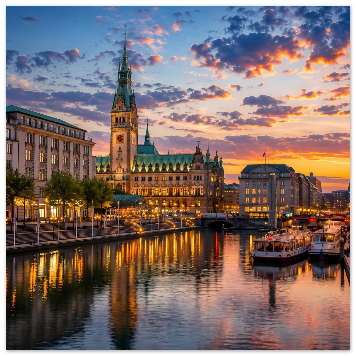 Stadtposter mit Domturm bei Sonnenuntergang, beleuchtetem Ufer und Schiffsreflexion im Fluss