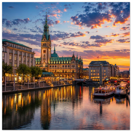 Stadtposter mit Domturm bei Sonnenuntergang, beleuchtetem Ufer und Schiffsreflexion im Fluss