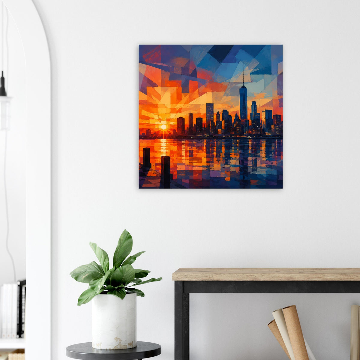 Quadratisches Poster mit geometrischen Formen der Skyline, orange Sonne und blaue Schatten.