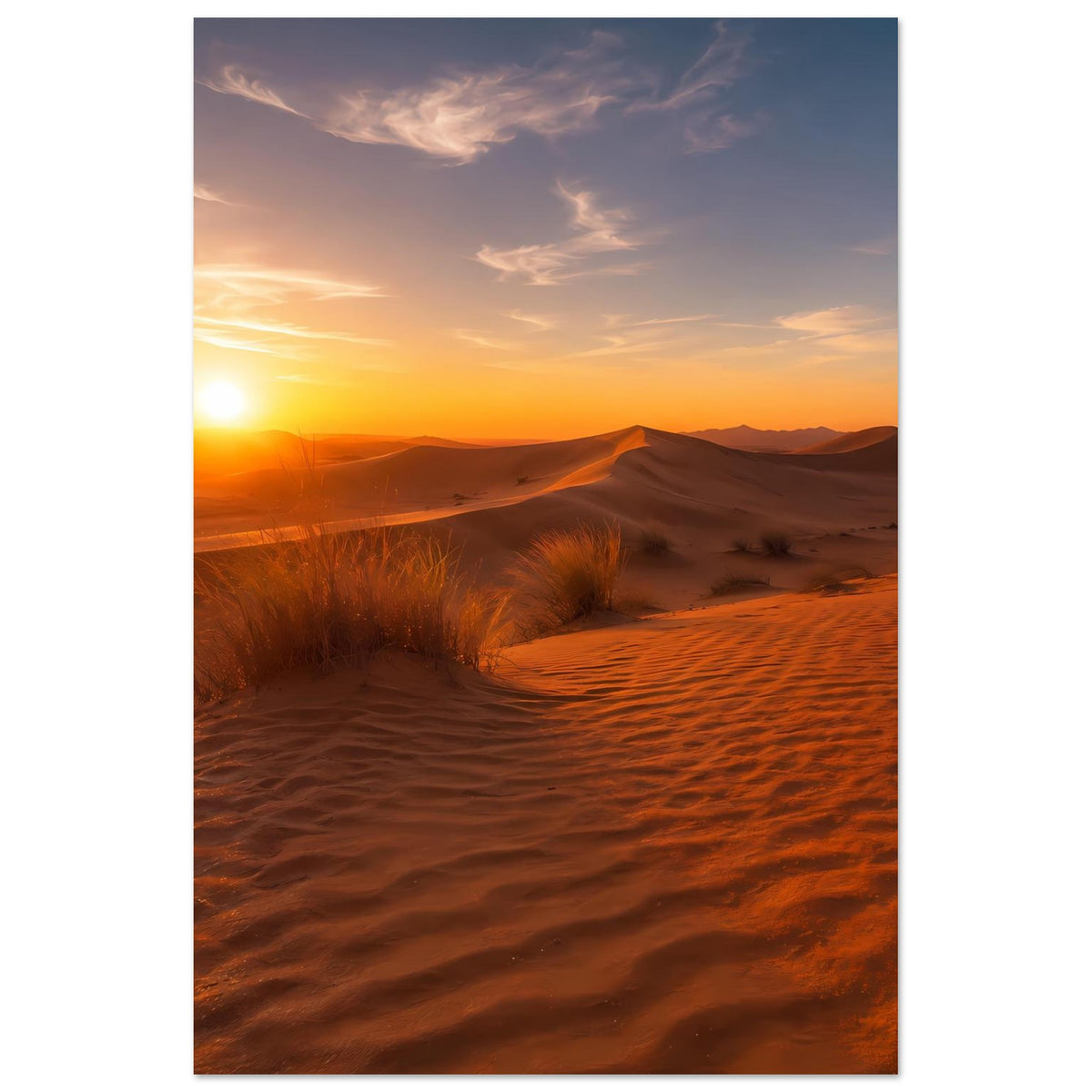 Hochkant-Poster im Rahmen mit Sanddünen bei goldenem Sonnenuntergang und Dünenkamm