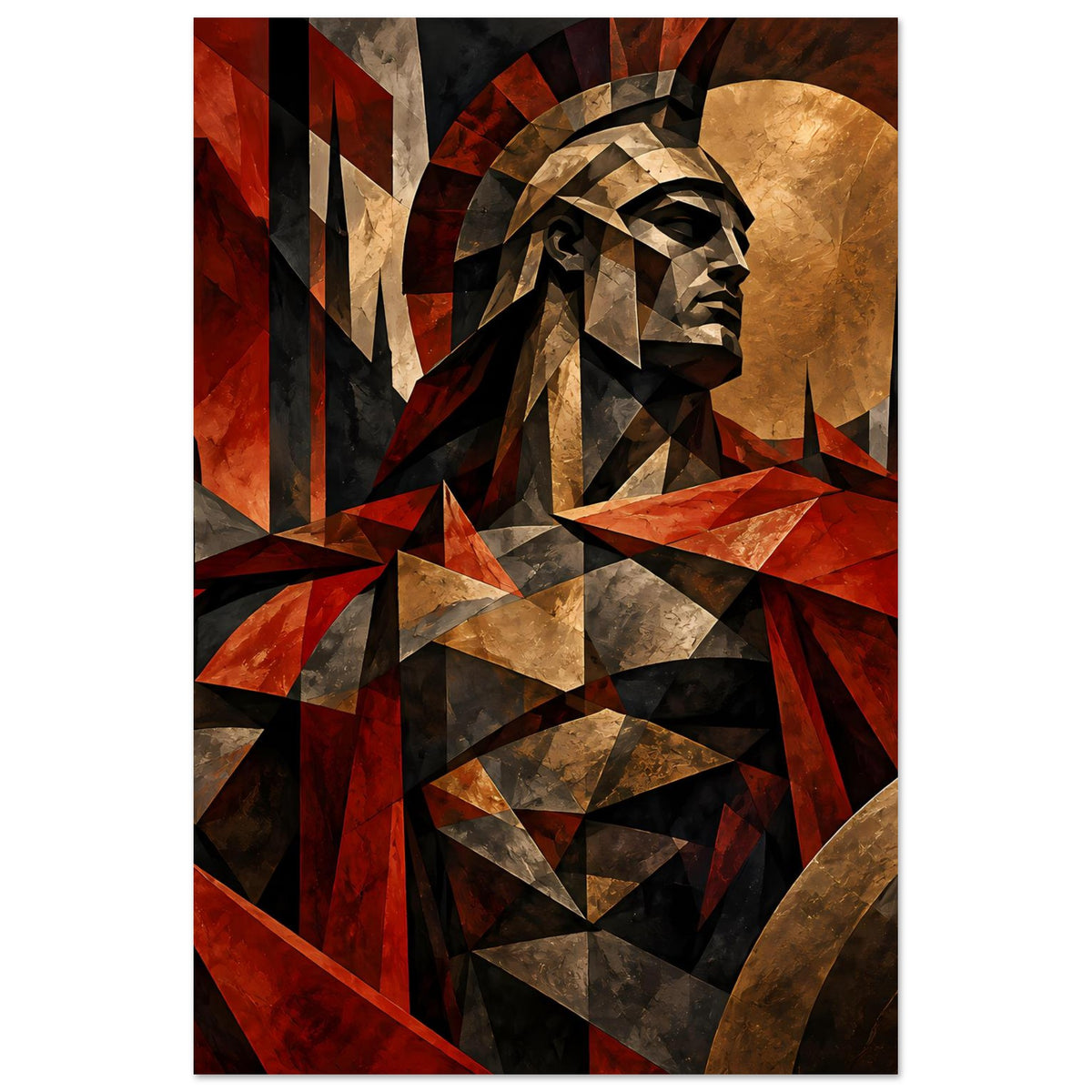 Poster: Spartanerkrieger in Rot und Gold mit geometrischem Dreiecksdesign, Vollansicht.