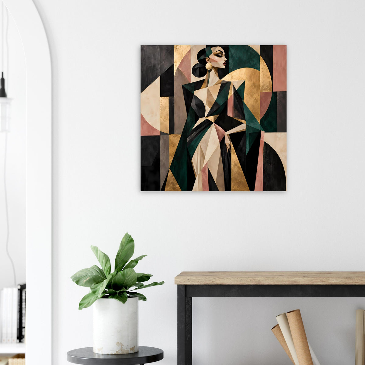 Abstraktes Poster mit geometrischer Frau in Olivgrün, Gold und Rosé