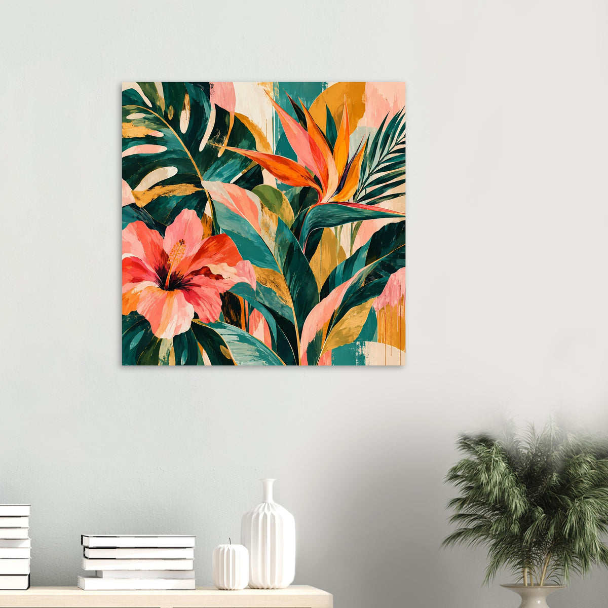 Kunstposter im Hochformat mit Tropenblüten und Blättern in Orange, Grün und Rosa