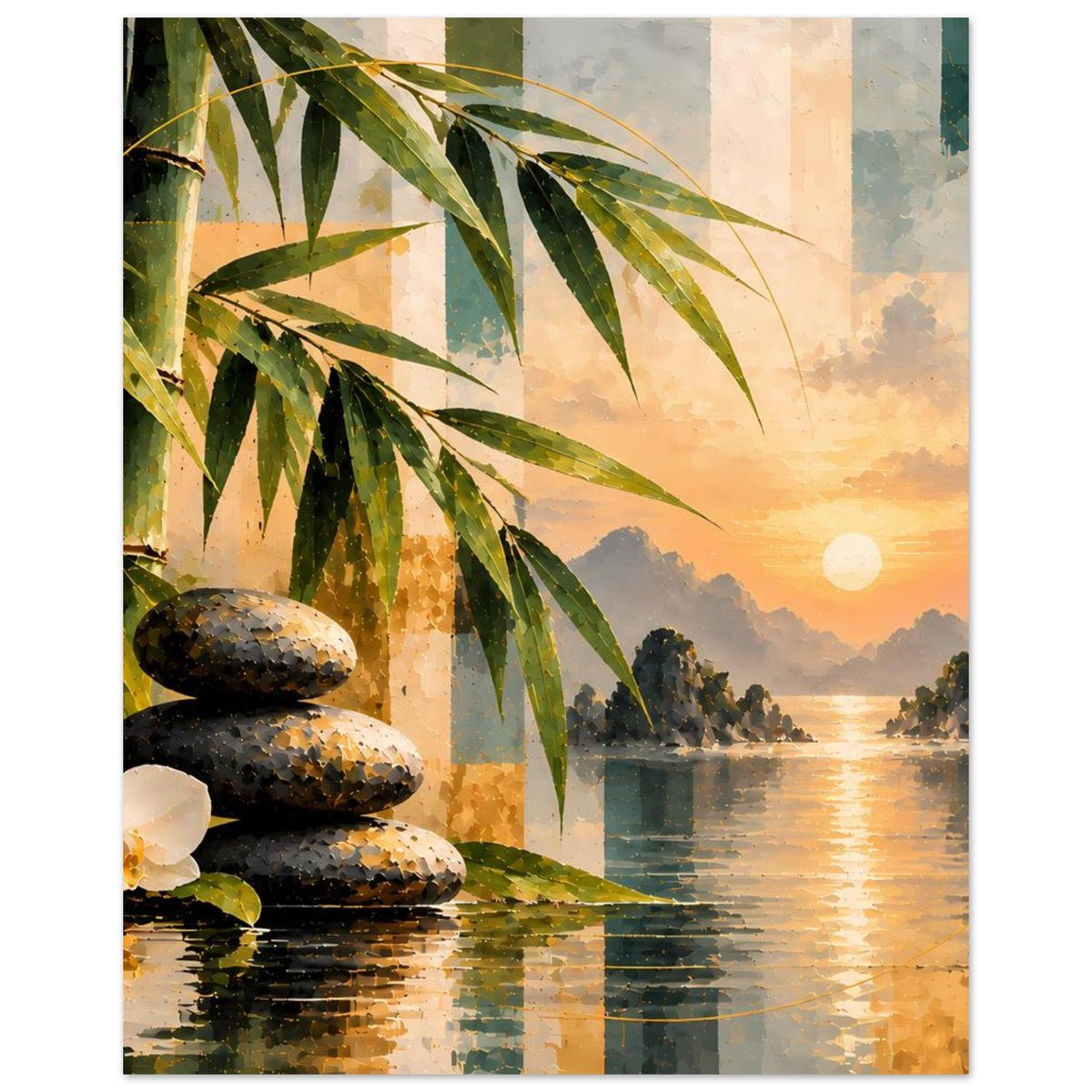 Poster-Detail: Bambusblätter, Stapel Zen-Steine und weißer Blüte am See bei Sonnenuntergang