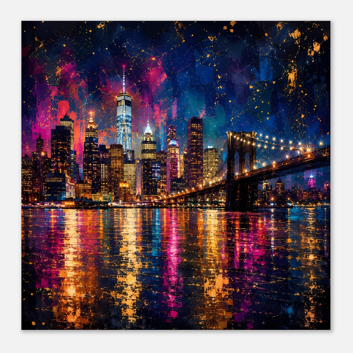 Stadtposter mit Skyline und Hängebrücke bei Nacht, intensiv leuchtende Gebäude im Farbnebel