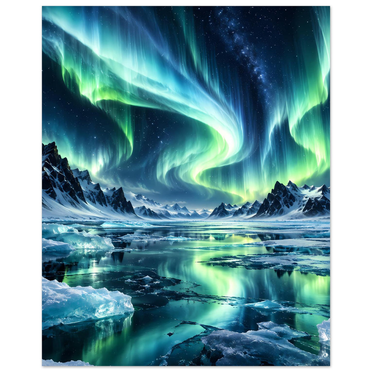 Hochkant-Poster mit Nordlichtern in Grün und Blau über Eissee und Schneebergen