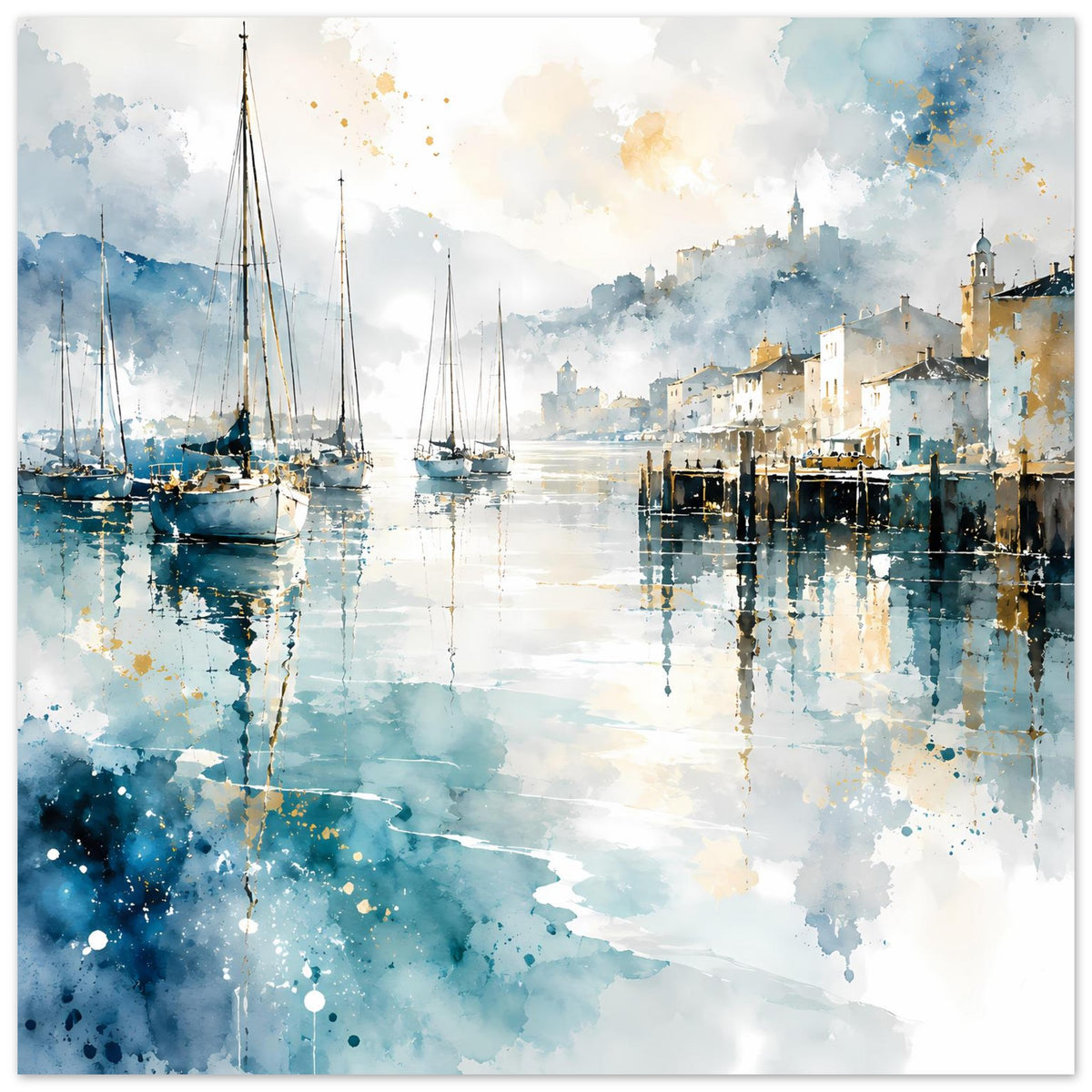 Aquarell-Poster mit Segelbooten im Hafen, gelb-blaue Farbakzente und Wasserreflexionen