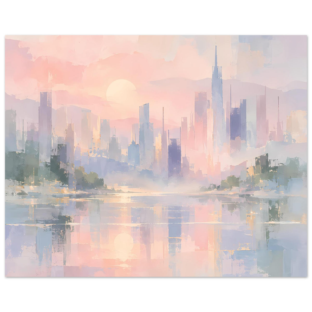 Abstraktes Skyline-Poster im großen Format, Pastelltöne, Sonne und Spiegelungen auf dem Wasser