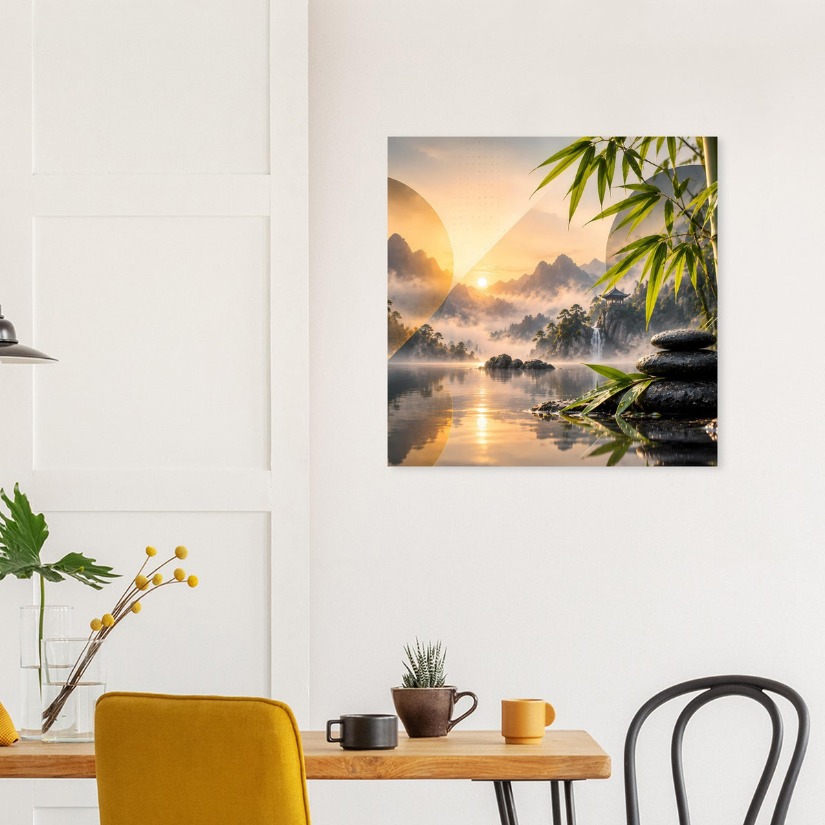 Zen-Bergsee-Poster mit Bambuszweigen, Steinstapel und Sonnenaufgang über dem Wasser