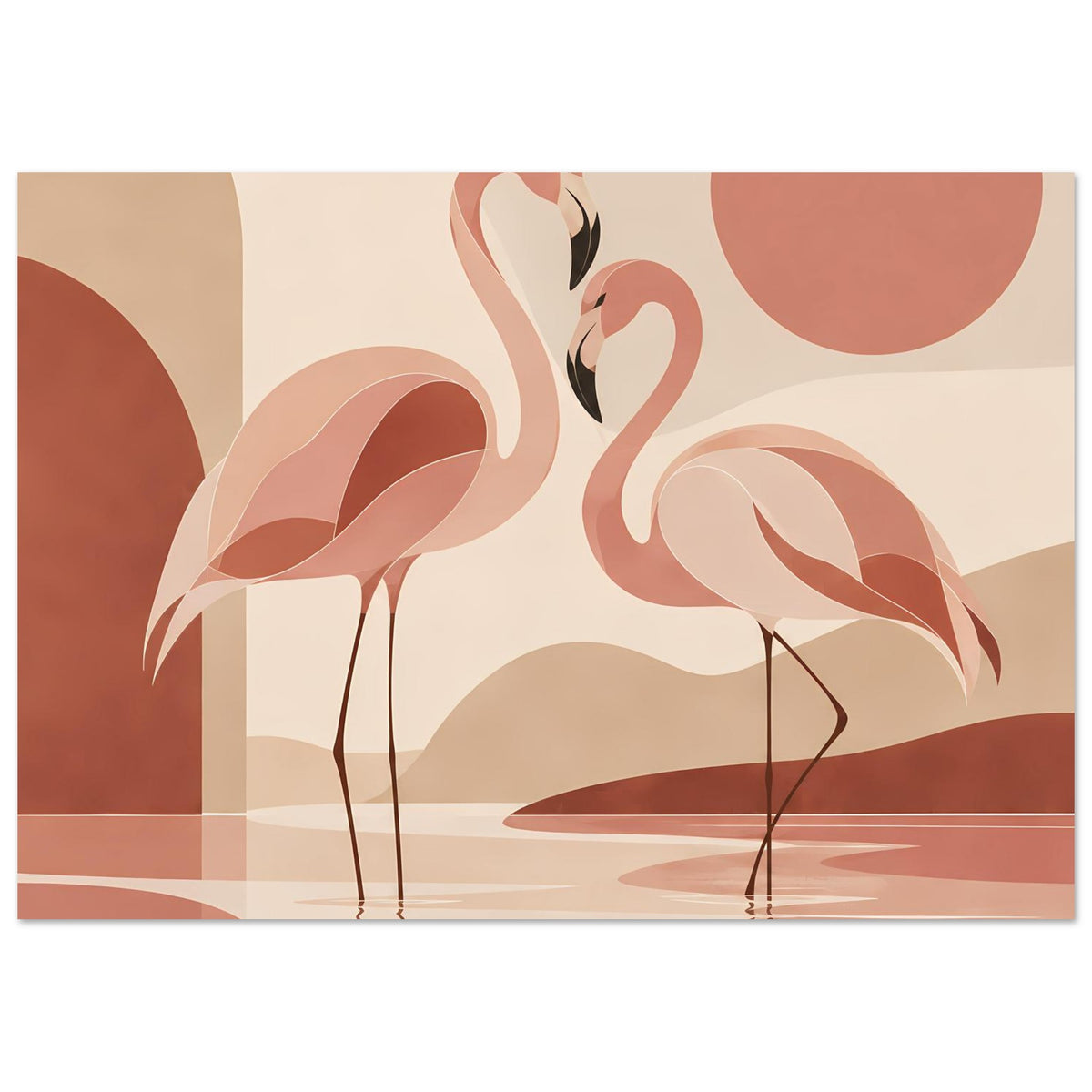 Naturposter mit zwei Flamingos, zoom auf Tiere und horizontale Wasserlinie