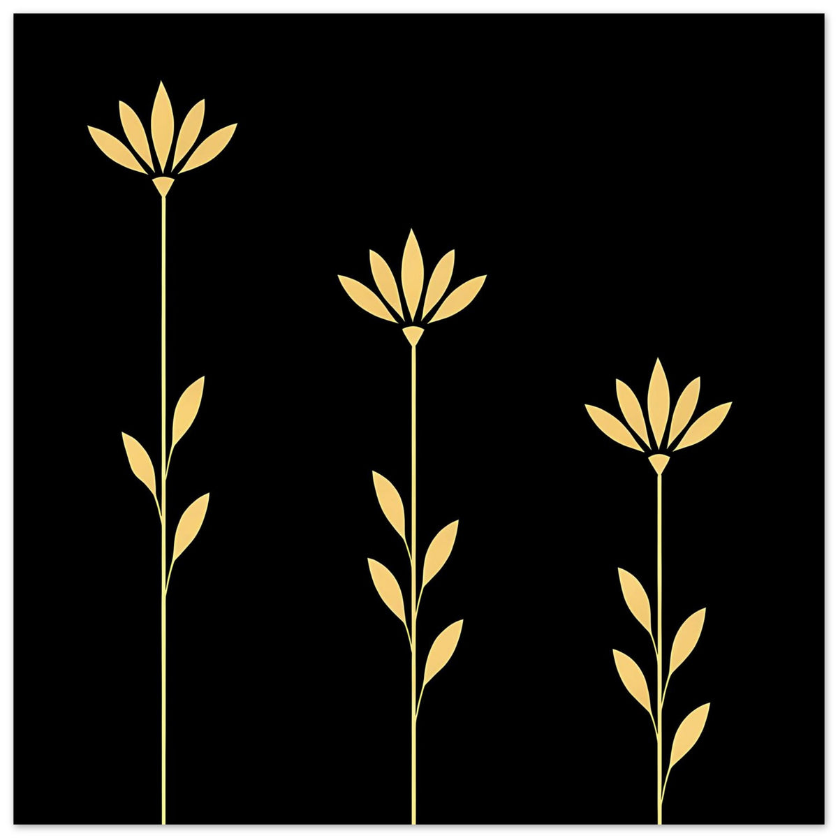 Botanisches Poster im Querformat mit goldenen Blüten und Blättern auf dunklem Grund