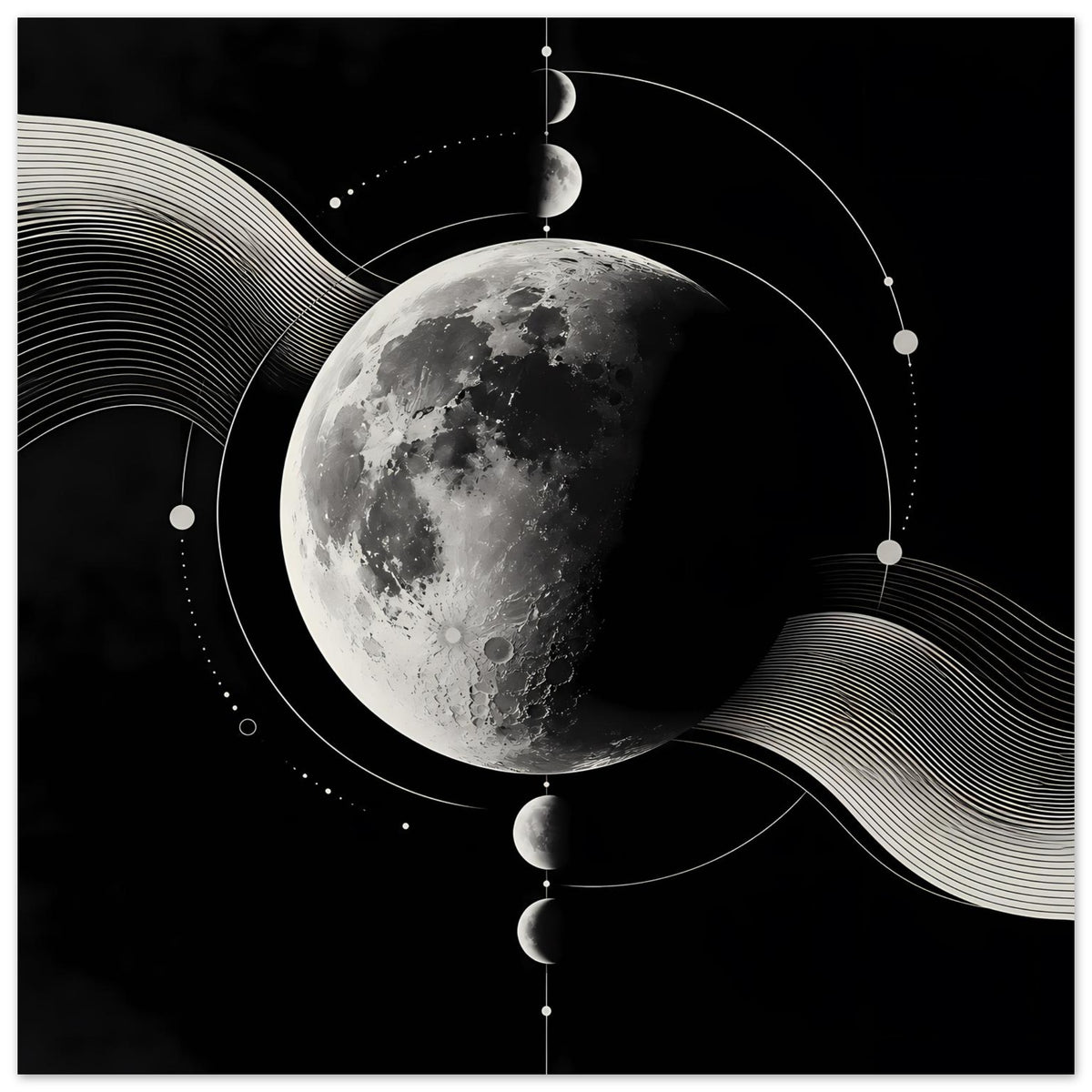 Poster mit Mondphasen: silbergrauer Mond, klare Kreislinien, gepunktete Bahnen und Wellen