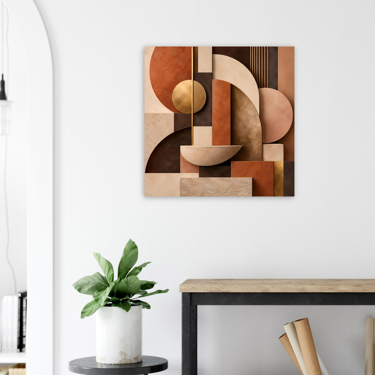 Abstraktes quadratisches Kunstposter mit warmen Terrakotta- und Beigetönen, Goldakzenten