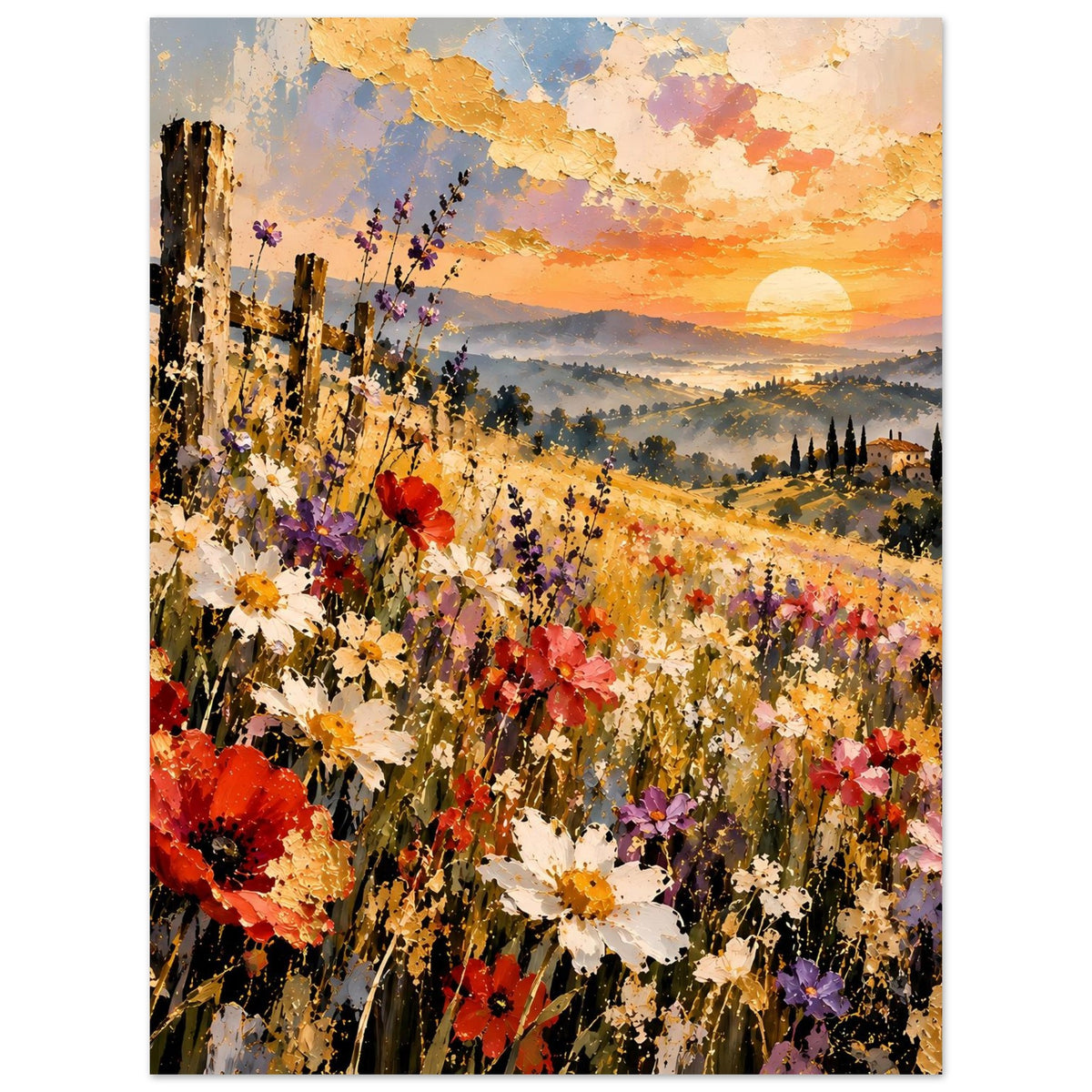 Landschaftsposter im Hochformat mit Blütenwiese, roten und lila Blumen vor Abendhimmel