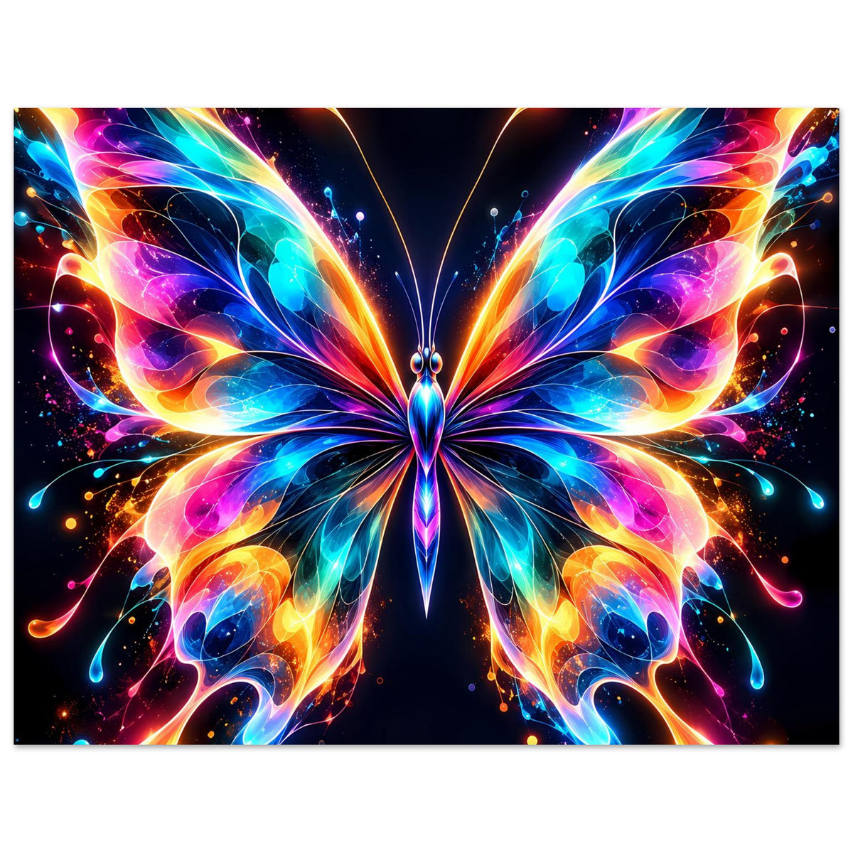 Neon-Schmetterlingsposter im Querformat, symmetrisches Schmetterlingsdesign in knalligen Farben