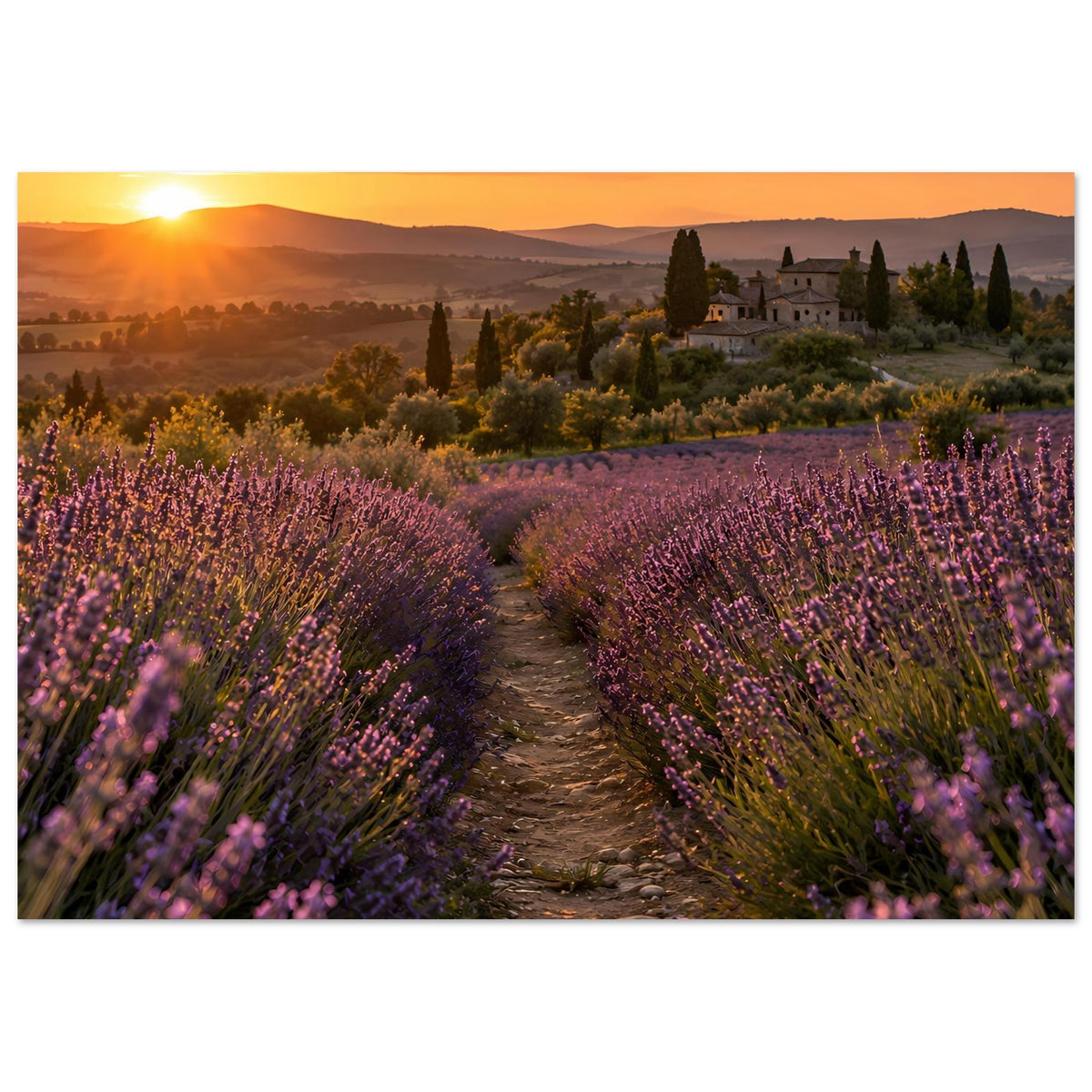 Lavendel-Sonnenuntergangs-Poster im Querformat mit Weg durch Lavendelfelder