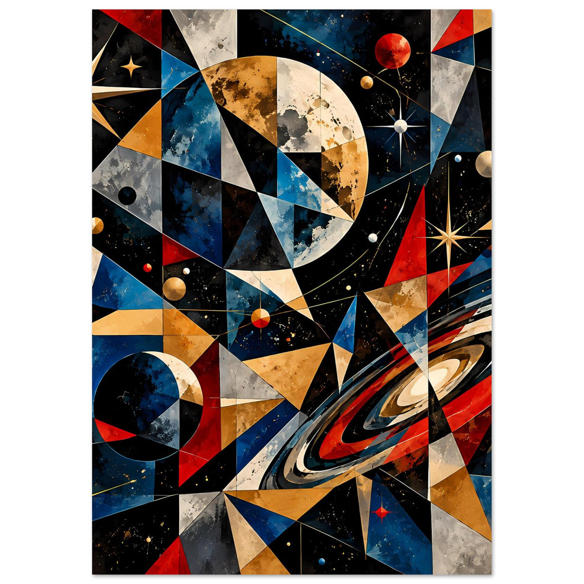 Poster mit abstraktem Weltraumdesign: Planeten, Dreiecke und Sterne in Blau, Rot und Gold.