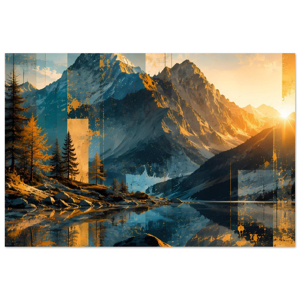 Landschaftsposter mit Bergkamm, Tannen am Ufer und reflektierendem See im Sonnenlicht