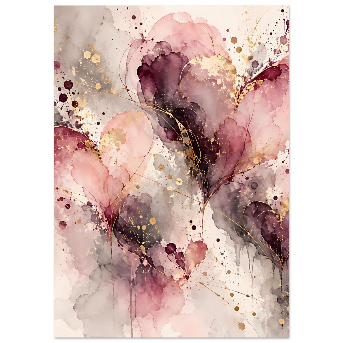 Kunstposter mit abstraktem Herzmotiv in Rosa, Dunkellila und Gold, vertikal