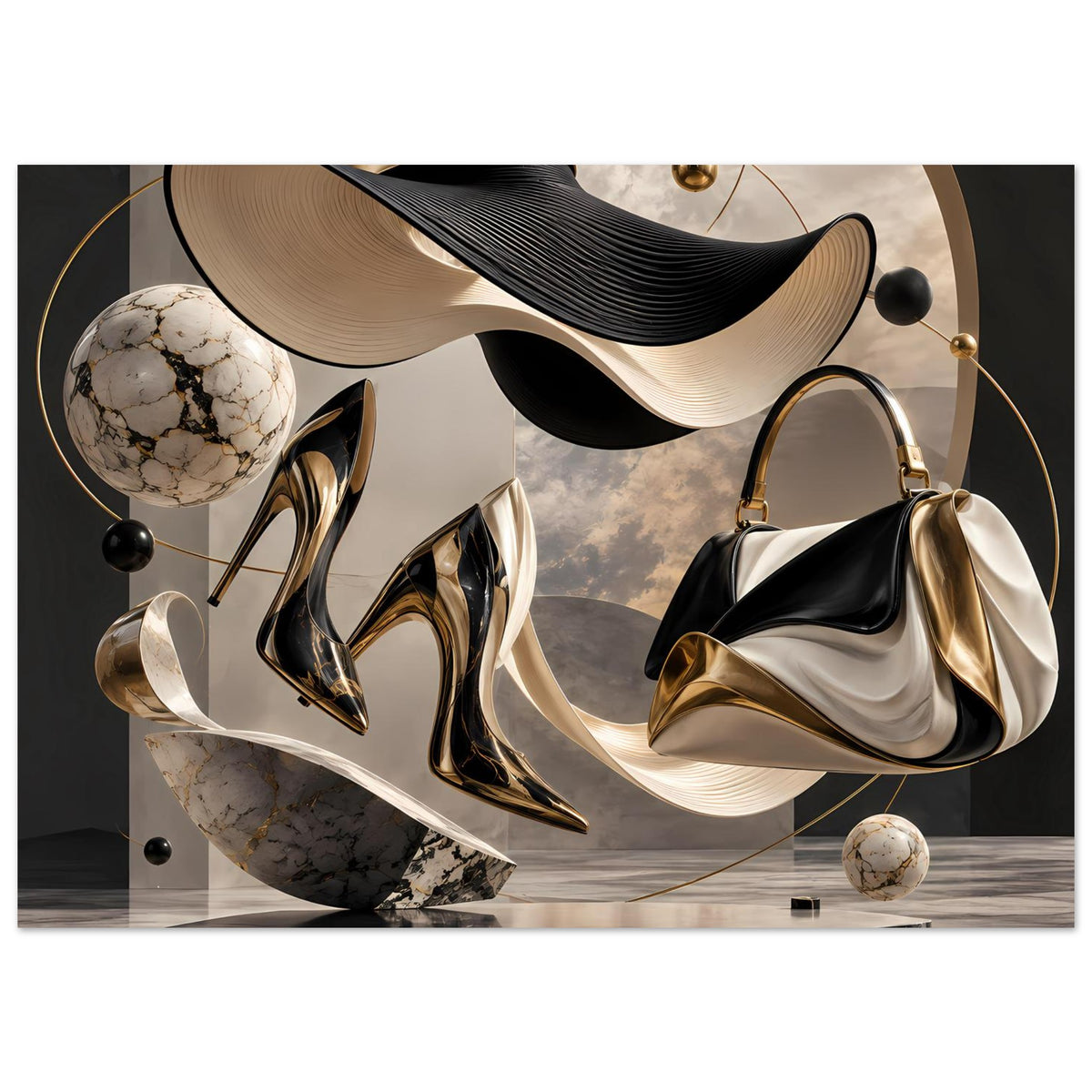 Abstraktes Fashion-Poster: schwarze Schuhe, goldene Details, Handtasche und Marmorkugeln
