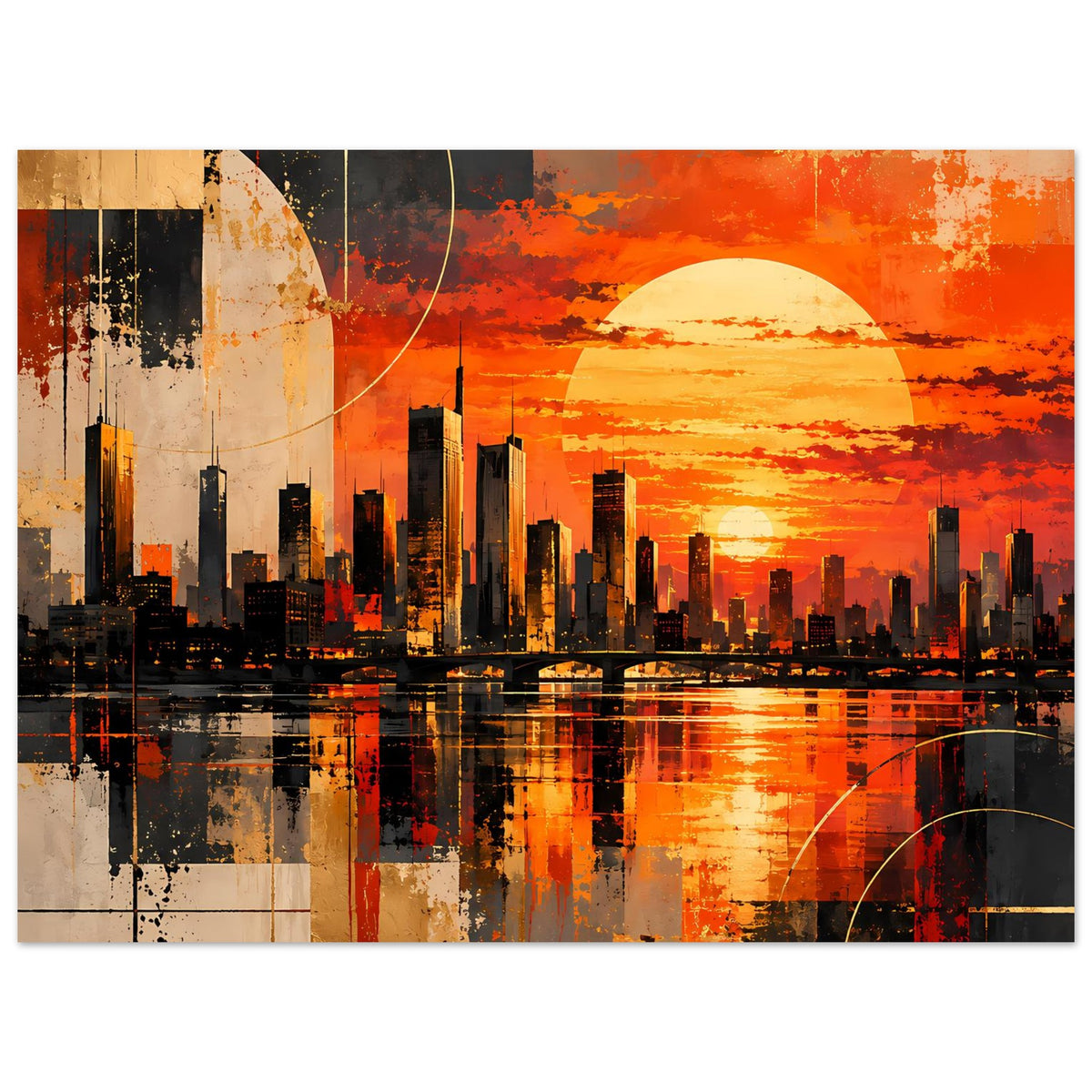 Poster im Querformat: Stadtansicht mit Spiegelung, orange Himmel und geschwungene Linien