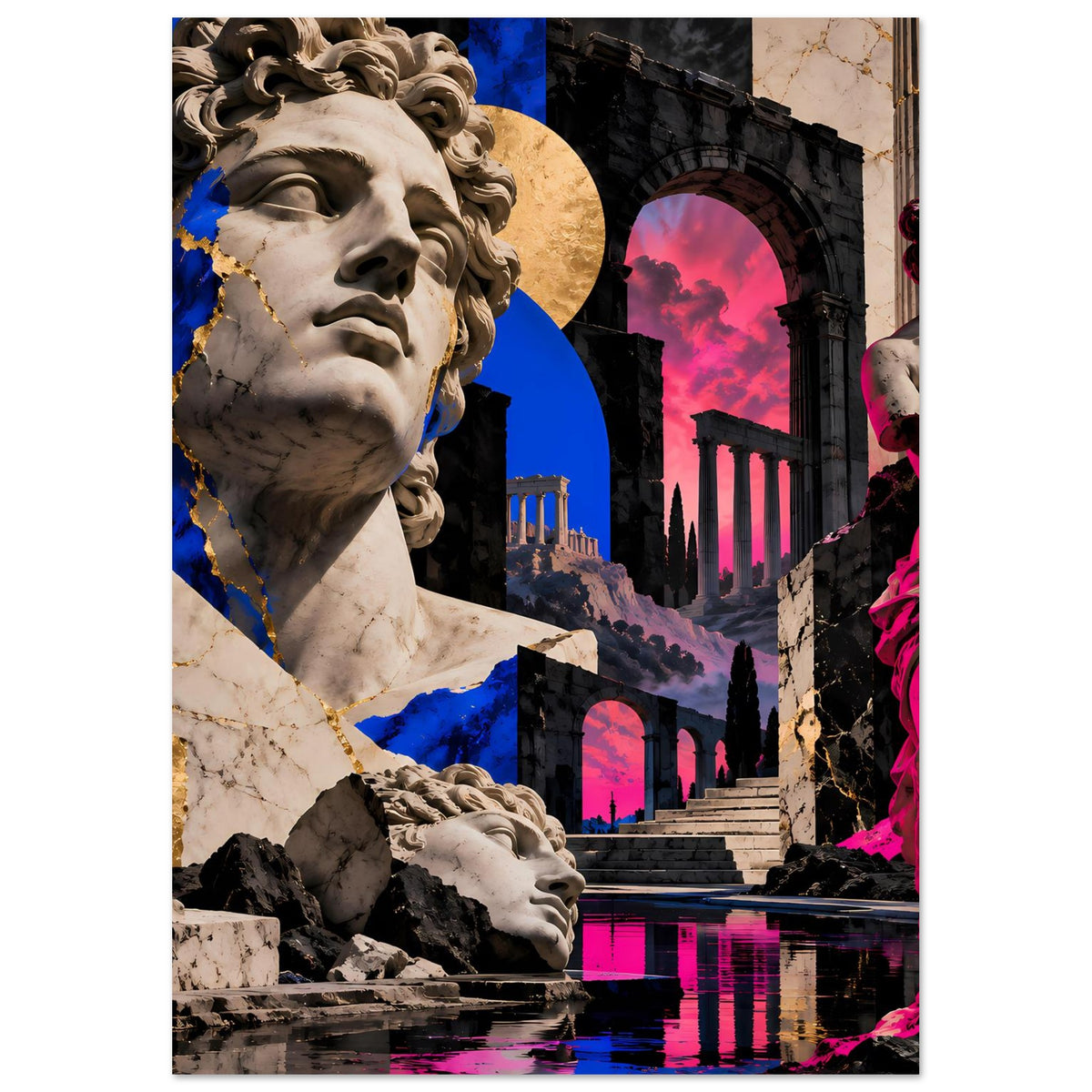 Kunstposter mit klassischer Statue links und Statue rechts, blau-pinke Akzente, Hochformat