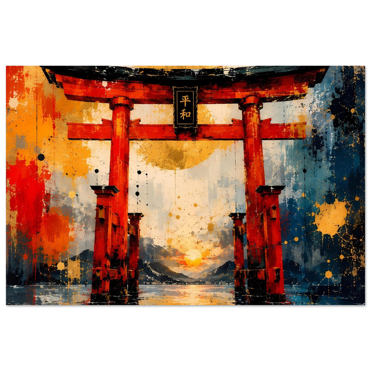 Torii-Gate Poster im Querformat: rotes Torii vor hellem Mittelteil, blau-goldene Farbflächen