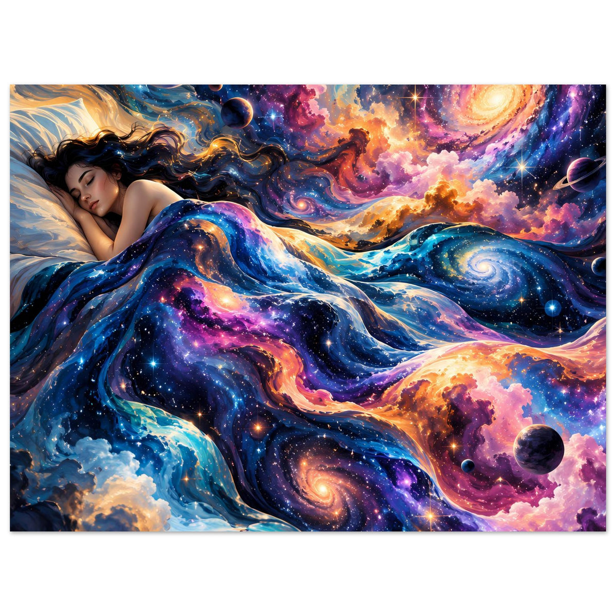 Galaxie-Poster im Querformat: liegende Frau mit galaktischer Decke, leuchtende Planeten