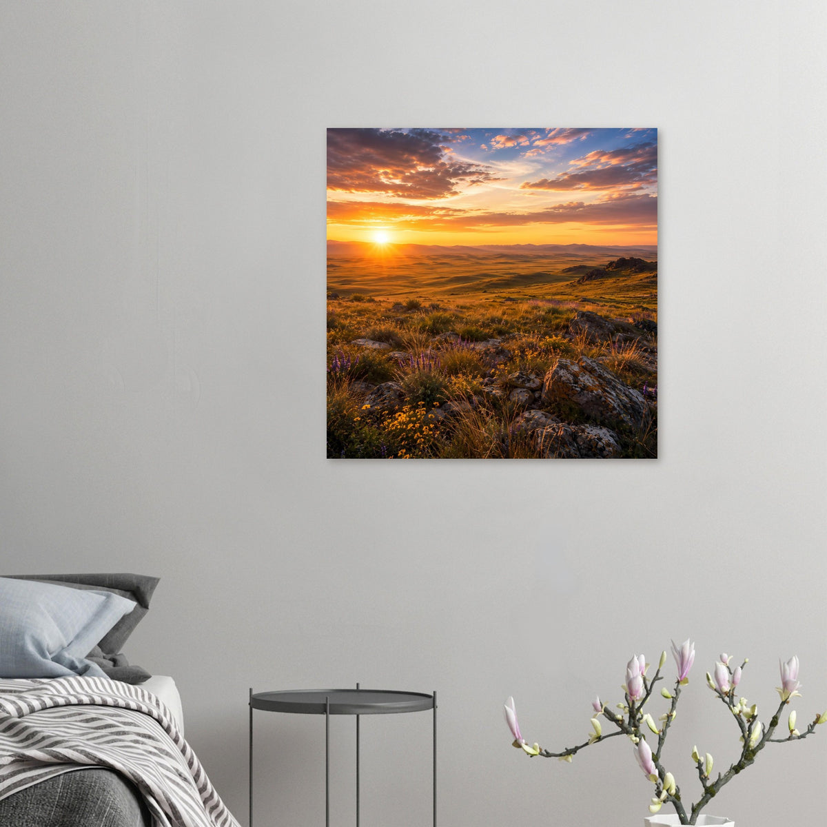 Quadratisches Naturposter mit Sonnenuntergang, Wiesenlandschaft mit Steinen und Blumen