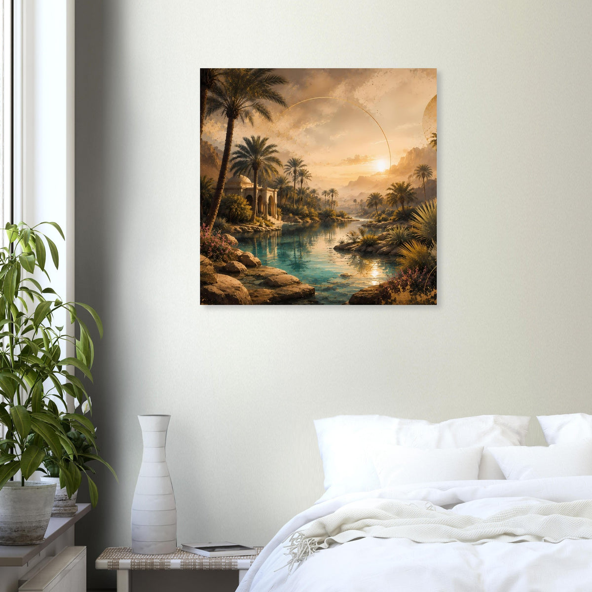 Gerahmtes Wandposter mit Palmen, Fluss und Sonnenuntergang über der Oase