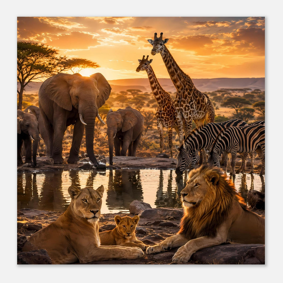 Poster (horizontal): Löwe vorne, Zebras und Giraffen im Hintergrund, Wasser im Sonnenuntergang
