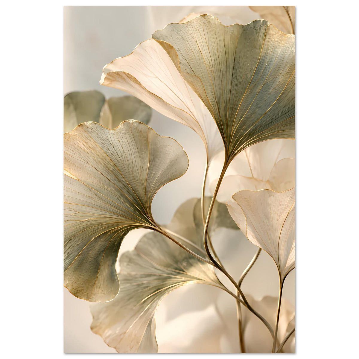Vertikales botanisches Blätter-Poster, cremefarbene Blätter mit goldenen Adern und grünen Akzenten