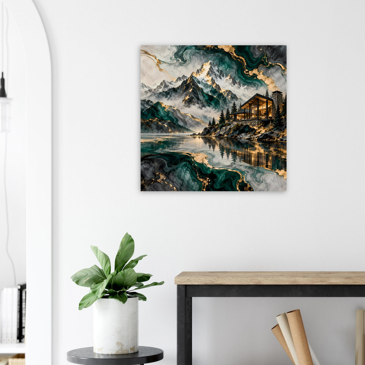 Berglandschafts-Poster: See, Berge und beleuchtetes Haus, umrahmt von goldenen Linien
