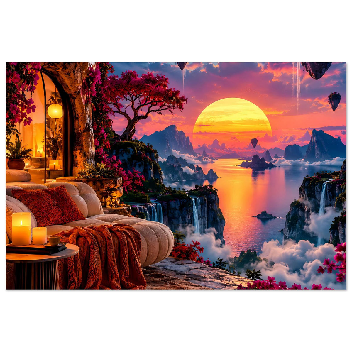 Poster: surreale Sonnenuntergangslandschaft mit Fluss, Wasserfällen und lila Blüten, links Sofa.