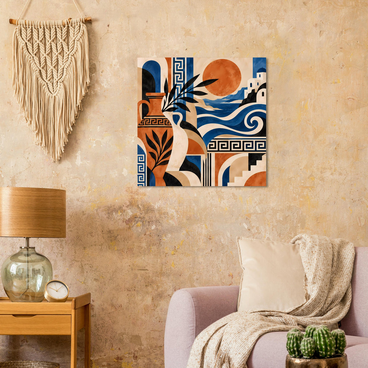 Abstrakter quadratischer Kunstdruck: Frau mit Pflanzen, orange Sonne, blaues Wellenmotiv und Säulenornament
