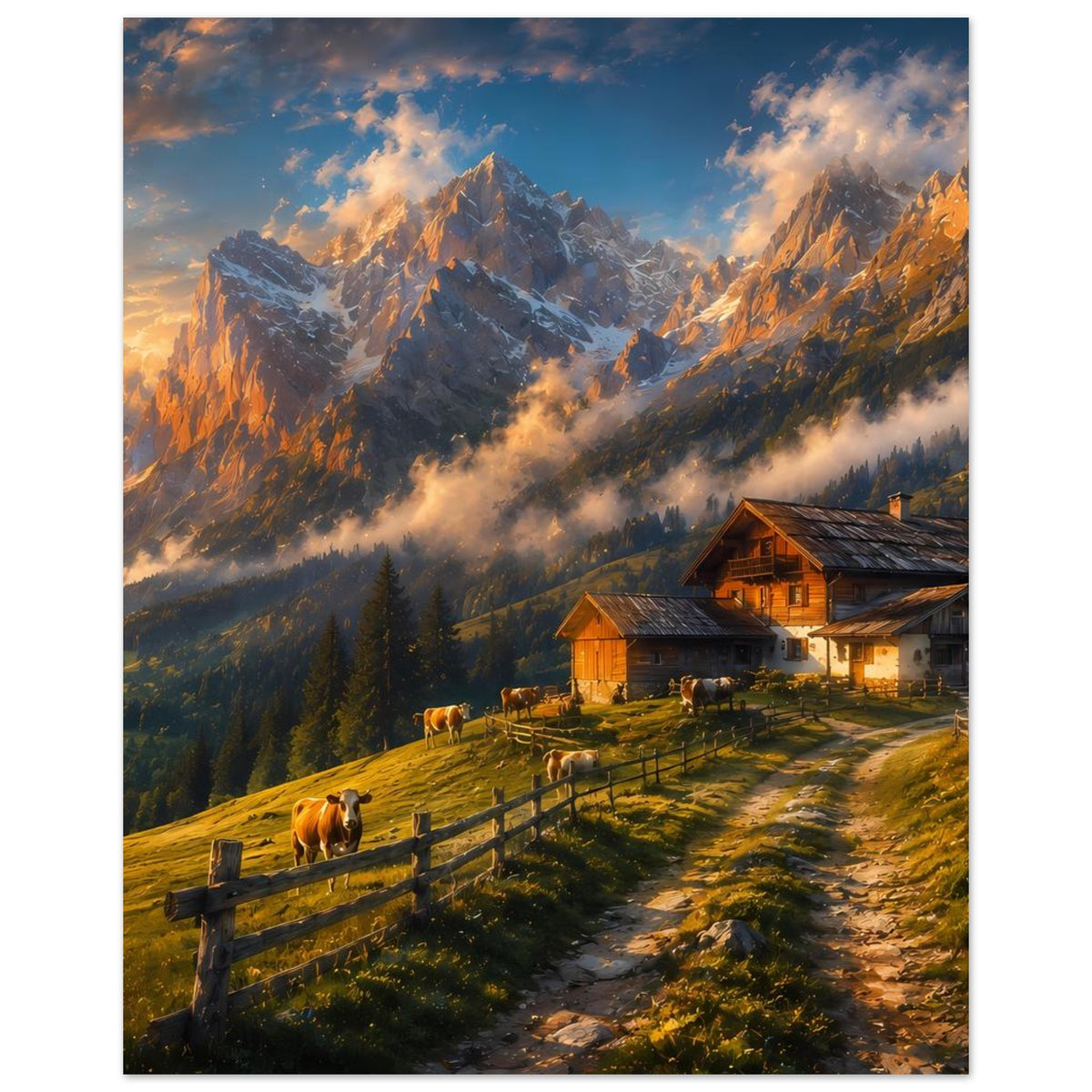 Poster: Almhütte rechts, Kühe auf der Weide, schneebedeckte Berge und Abendhimmel