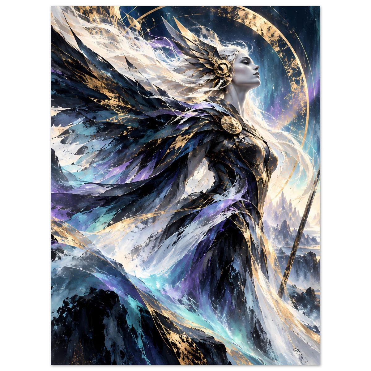 Fantasy-Göttin-Poster, vertikal: Frau mit Flügeln, blau-violettes Licht, goldene Ornamente.