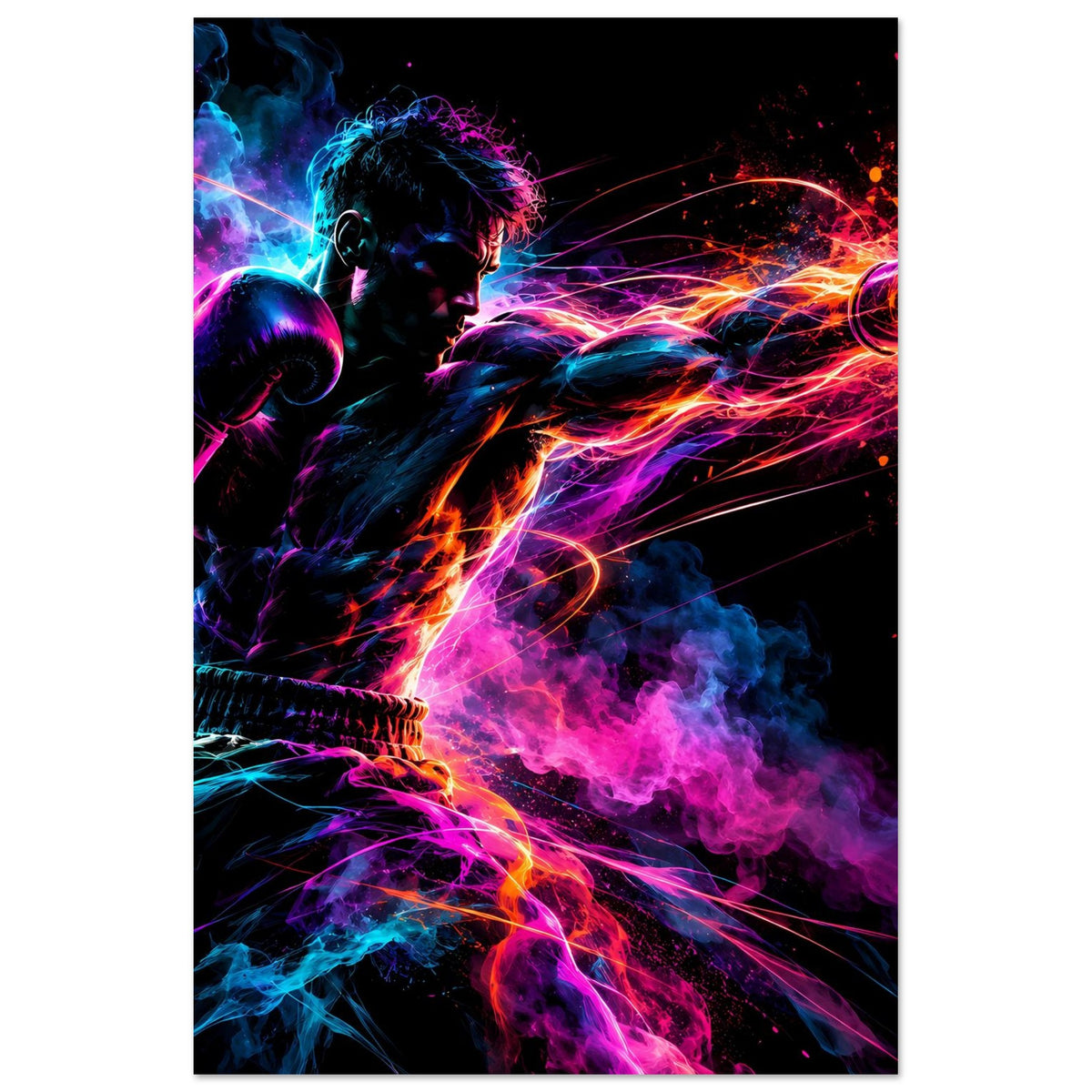 Neon-Boxer-Poster, vertikal: Nahansicht des Kämpfers mit Boxhandschuhen und Lichtspuren.